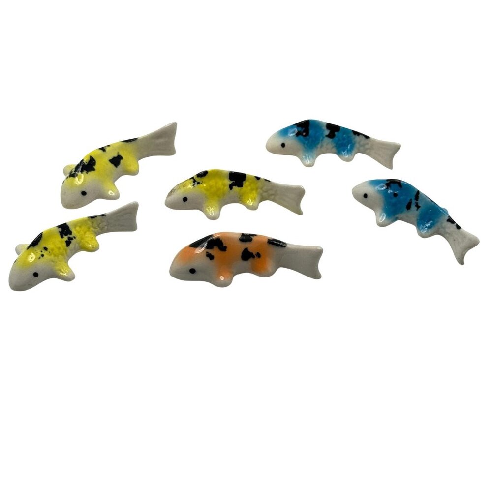 Ceramic Koi Fish Set Of 6 Vtg Chopstick Rest Yellow & Orange Hand-Painted #3